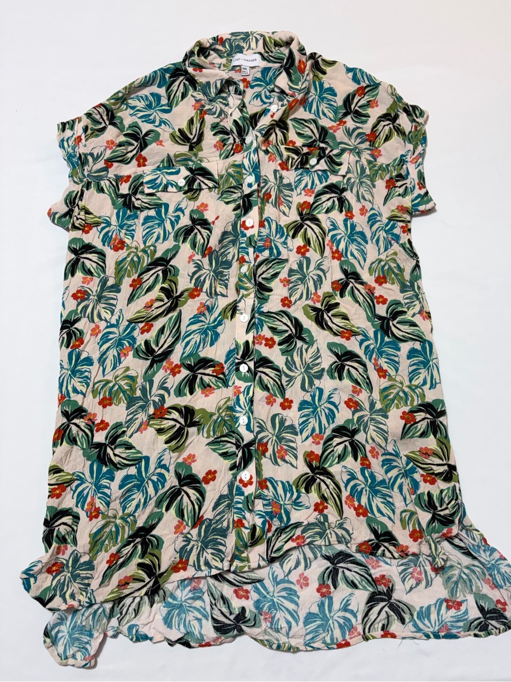 Lost + Wander M/L Tropical Palm Print Button Front Tunic Dress Boho Hawaiian
